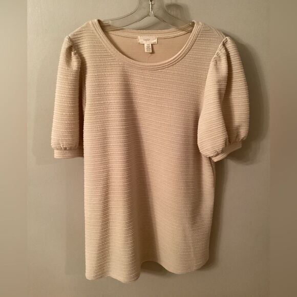 CUPIO SIZE LARGE TAN RIBBED SHORT PUFF SLEEVE LONG LINE TOP - Picture 2 of 8